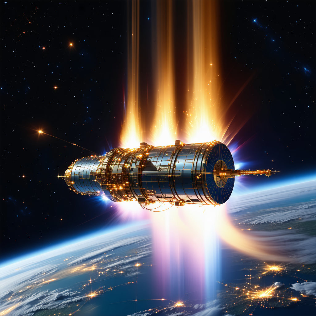 A Space Shuttle Flying Through The Sky, With A Bright Light Illuminating The Scene
