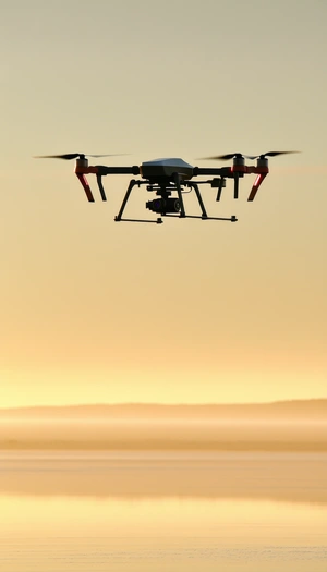 A Red And Black Helicopter Is Flying In The Sky, With Its Blades Spinning