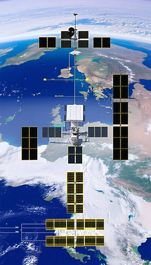 A Satellite In Space, With A Large Number Of Solar Panels On Its Side