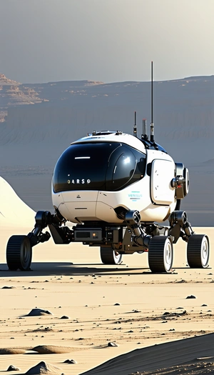 A Futuristic Vehicle, Possibly A Spacecraft Or A Hovercraft, Parked In A Desert-like Environment