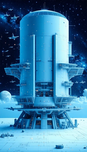 The Image Is A Futuristic Drawing Of A Large White Building With A Blue And White Color Scheme