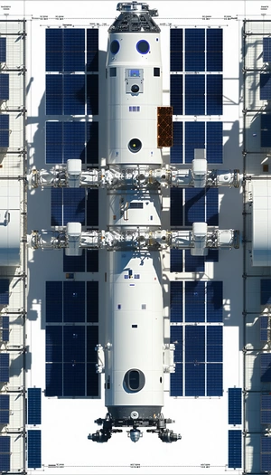 A Large Space Station With A White And Blue Color Scheme