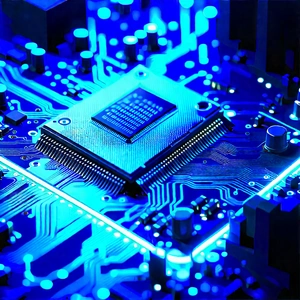 Circuit board with blue light glow