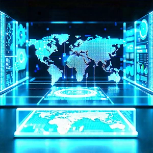 Financial Technology In Research Center With Large, Blue,