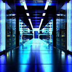 Server Rack With Data Streams With Large, Blue-lit