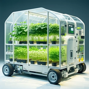A Large, White, And Open Vehicle With A Greenhouse On The Back