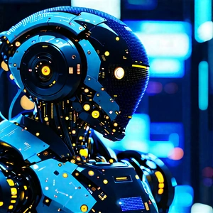 Robot With Digital Particles With Futuristic Robot
