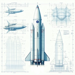 A Blue Rocket Ship Is Shown In A Drawing, With A Close-up Of The Front Of The Rocket