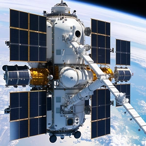 A Large Spacecraft With A White And Yellow Exterior, Floating In The Sky