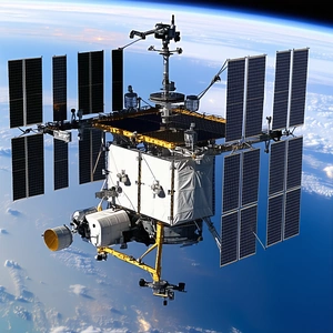 A Space Shuttle With A Large Satellite Dish On Top Of It