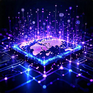 Blockchain Network Visualization With Purple Blue