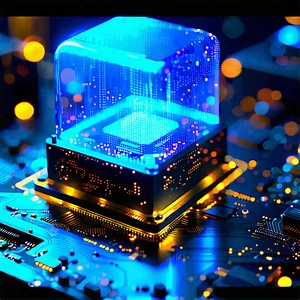 Quantum Computer With (digital:1.36) Particles With Blue Square