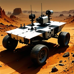 A Futuristic Vehicle, Possibly A Tank Or A Rover, Driving Across A Desert Landscape