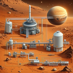 A Futuristic City On Mars, With A Large Space Station In The Foreground