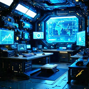(futuristic:1.14) Tech Startup Office With Futuristic Setting,