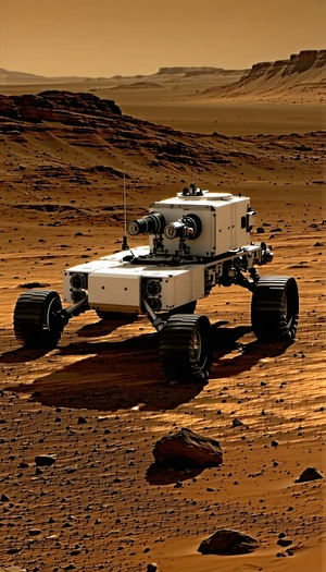 A White Robotic Vehicle, Possibly A Rover, Driving Across A Dirt Field