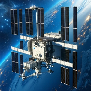A Large Space Station With A White And Black Color Scheme