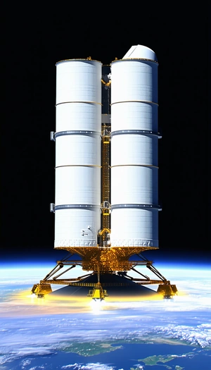 A Large White Space Shuttle With A Yellow Bottom, Floating In The Air
