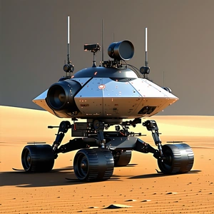 A Large Robotic Vehicle Is Sitting On A Sandy Surface, Possibly A Desert