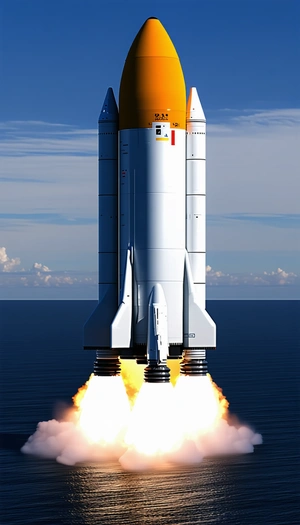 A Large White Rocket Ship With A Yellow Stripe On Its Side, Soaring Through The Sky