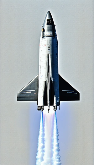 A Space Shuttle Is Flying Through The Sky, Leaving A Trail Of Smoke Behind It