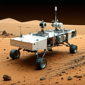 A Futuristic Vehicle, Possibly A Rover Or A Spacecraft, Parked On A Rocky Surface