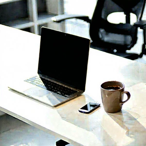 Business Lithograph: Workplace with laptop and coffee on desk