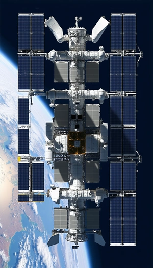 A Large Space Station Is Shown In The Image, With A View Of The Earth In The Background
