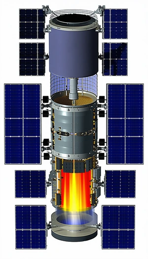 A Spacecraft With A Large, Round, And Brightly Lit Engine At The Bottom