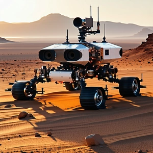 A Large Robotic Vehicle With Four Wheels, Standing In A Desert-like Environment