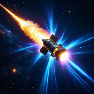 In The Image, There Is A Spacecraft Flying Through The Sky, With A Trail Of Smoke Behind It