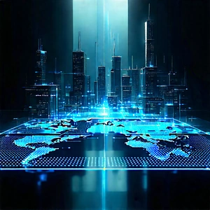 Financial Technology In Tech Office With Futuristic Cityscape