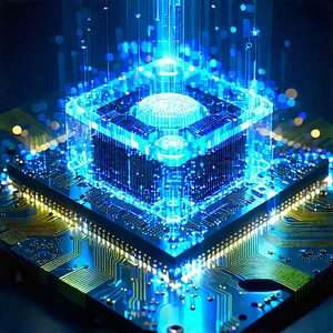 Quantum Computer With Blue Light Glow With Blue White