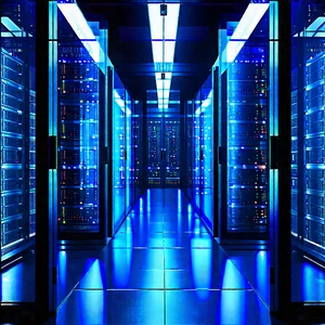 Server rack with blue light glow
