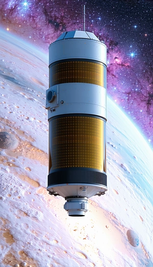 A Large Spacecraft Is Flying Through The Air, With A Large Dome On Top Of It