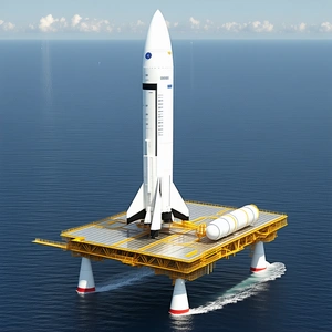 A Large White Rocket Ship Floating On Top Of A Yellow Platform In The Ocean