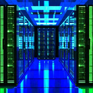 Server rack with blue light glow