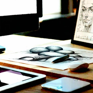 Business Etching: Workplace with digital devices on desk