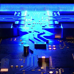 Circuit board with blue light glow