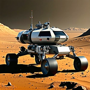A Large, White, And Silver Spacecraft Is Parked On A Rocky