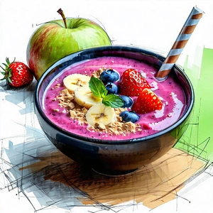 Lifestyle Pencil Sketch: Smoothie Bowl Prepared With Artistic Presentation With Image, There