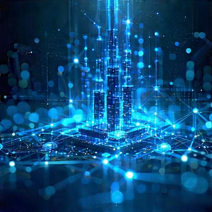 Blockchain Network Visualization With Futuristic Cityscape