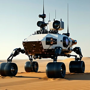 A Large Robotic Vehicle Is Sitting On A Sandy Surface, Possibly A Desert