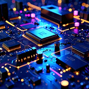 Circuit Board With Neon Accents With Close-up Computer