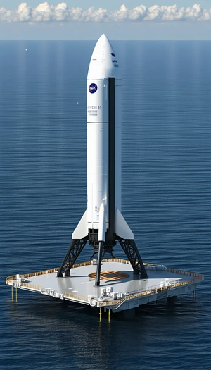 A Large Rocket Ship Floating On A Platform In The Ocean