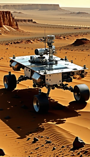 A Large, White Robotic Vehicle With Four Wheels, Driving Across A Sandy Terrain
