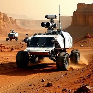 A Large White Vehicle, Possibly A Tank Or A Truck, Driving Across A Dirt Road