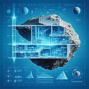 A Large Rock Is Sitting On Top Of A Blue Building, Which Appears To Be A Space Station