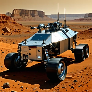 A Futuristic Vehicle, Possibly A Tank Or A Rover, Parked On A Dirt Surface