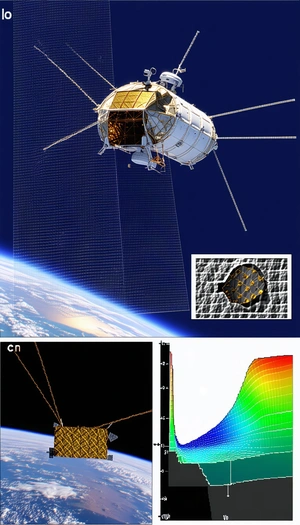 A Space Shuttle Flying Through The Sky, With A Large Satellite Visible In The Background